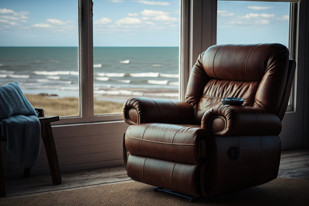 a brown leather recliner with blue and white stripes, next to a window overlooking the ocean, created with generative aiの素材