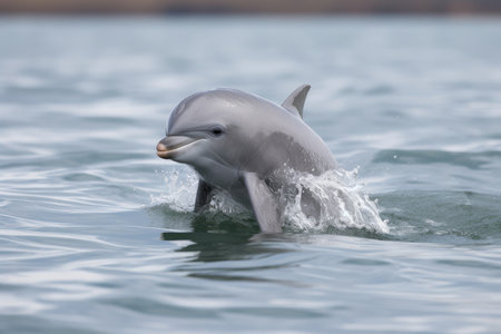 baby dolphin leaping out of the water, with its tail in full view, created with generative aiの素材