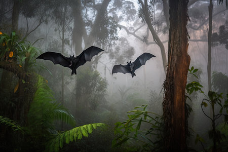 flying foxes, gliding through magical forest mist, created with generative aiの素材