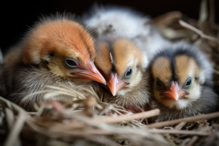 group of newborn birds snuggling together in their nest, surrounded by feathers and twigs, created with generative aiの素材