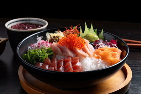 a delicious bowl of rice, topped with fresh sashimi and spicy sauce, created with generative aiの素材