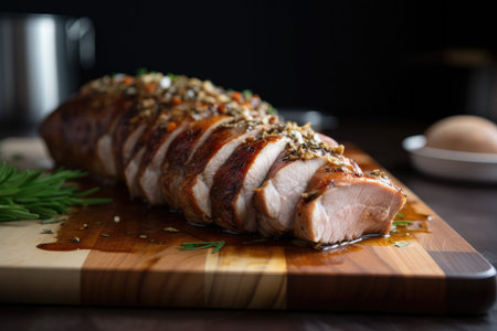 sous-vide pork tenderloin, cooked to perfection and served with roasted garlic, created with generative aiの素材