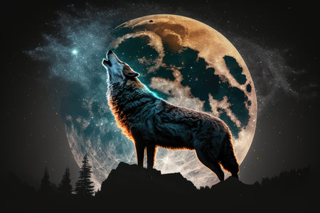 double exposure of wolf howling at the moon, with the full moon shining in the night sky, created with generative aiの素材