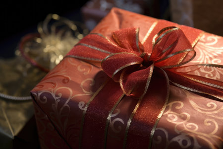 close-up of christmas present, with wrapping and bow visible, created with generative aiの素材