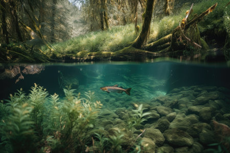 rainbow trout swimming in clear freshwater stream with lush vegetation, created with generative aiの素材