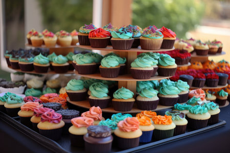 cupcake stand with colorful assortment of cupcakes, created with generative aiの素材