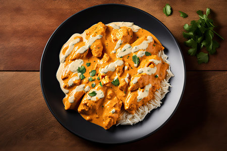 plate of chicken tikka masala, topped with creamy sauce and warm spices, created with generative aiの素材