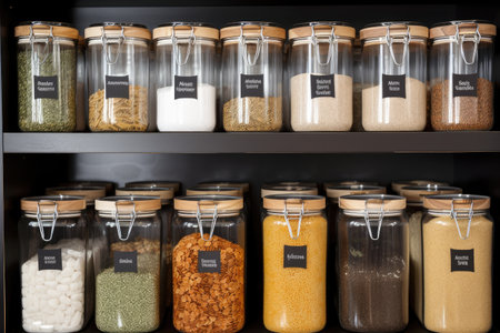 simple food storage system with clear jars and labels for easy identification, created with generative aiの素材