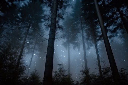 foggy forest with blurring trees and twinkling stars in the night sky, created with generative aiの素材