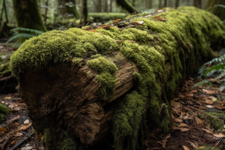 close-up of a fallen tree trunk covered in moss, created with generative aiの素材