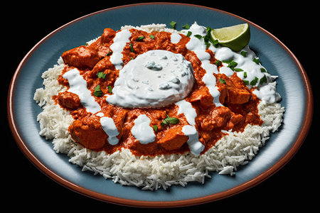 plate of tikka masala, topped with creamy dollop of cottage cheese, created with generative aiの素材