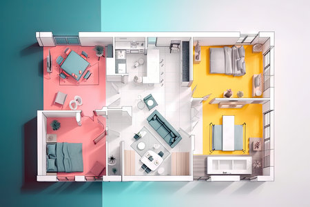colorful blueprint of a modern and minimalist house, with furniture and decor visible, created with generative aiの素材
