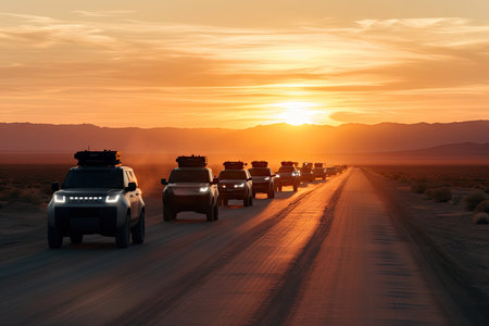 autonomous vehicle convoy, traveling on desert road at sunset, created with generative aiの素材