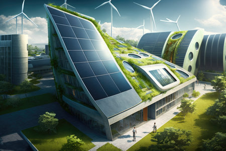 green building with rooftop garden, solar panels, and wind turbines, created with generative aiの素材