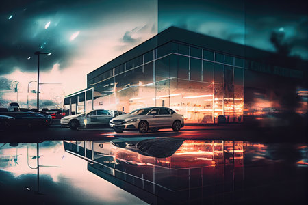 double exposure of car showroom with reflections and lights, created with generative aiの素材