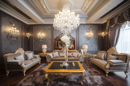 richly decorated living room with luxurious velvet sofas, carved wooden tables and crystal chandeliers, created with generative aiの素材