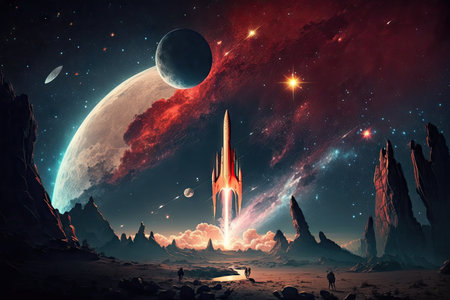 rocket launch with view of the stars and planets in the night sky, created with generative aiの素材