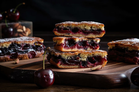 stack of rustic fruit cakes, each layer bursting with juicy cherry filling, created with generative aiの素材