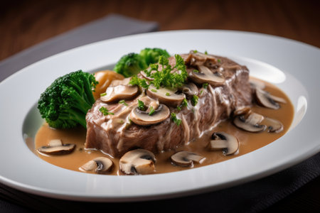 tenderloin of beef slow-cooked in flavorful broth, topped with creamy mushroom sauce, created with generative aiの素材