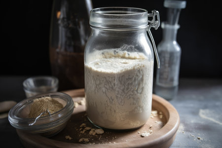 sourdough starter, fermenting in glass jar with airlock, created with generative aiの素材