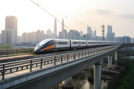 high-speed train slices through bridge, with the cityscape visible in the background, created with generative aiの素材