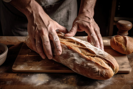 pair of hands, shaping loaf of bread into baguette with diagonal cuts, created with generative aiの素材