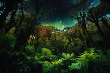 lush forest, with aurora borealis and australis dancing above, created with generative aiの素材