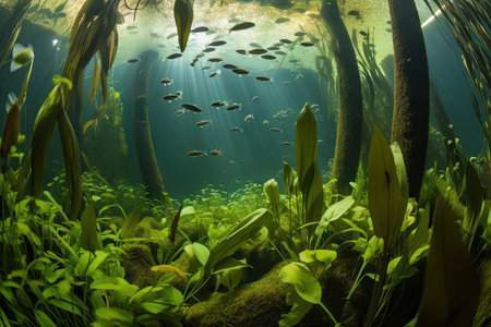 aquatic plant community with schools of fish swimming among the plants, created with generative aiの素材