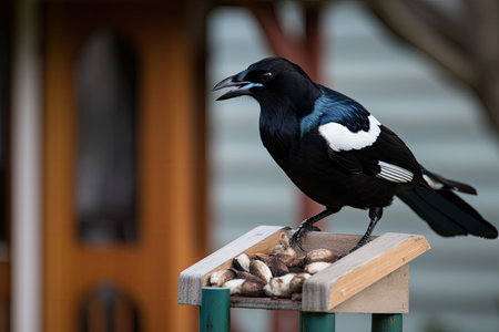 magpie eating from birdhouse feeder, created with generative aiの素材
