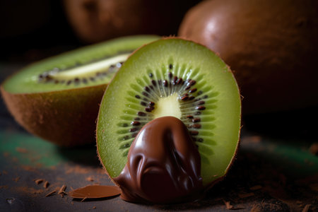 chocolate-covered kiwi fruit, with the green skin and juicy center visible, created with generative aiの素材