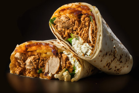 close-up of shawarma, with layers of chicken and spices visible, created with generative aiの素材