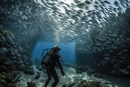 scuba diver swimming with schools of fish in an underwater paradise, created with generative aiの素材