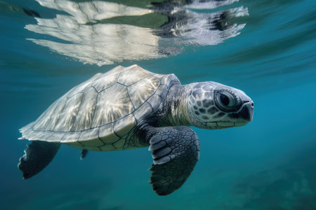baby turtle swimming with its flippers, heading toward the vast ocean, created with generative aiの素材