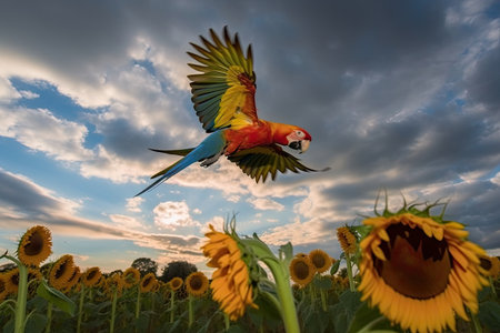parrot flying past sunflower field, with dramatic sky in the background, created with generative aiの素材