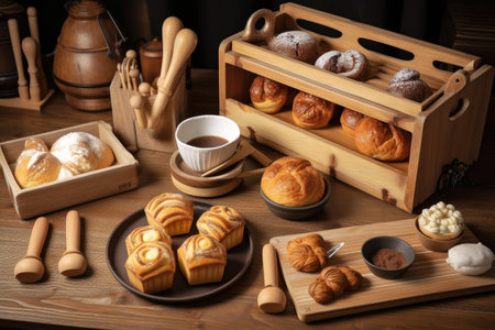 baking tools and equipment on wooden tray, with variety of pastries in the background, created with generative aiの素材