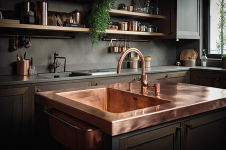 stainless steel countertop with copper sink and faucet in modern kitchen, created with generative aiの素材