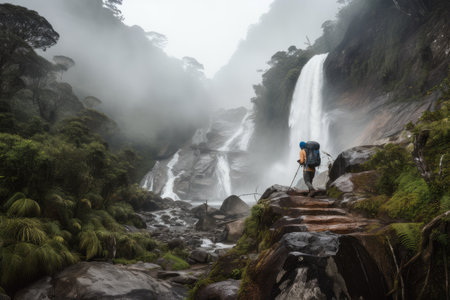 outdoor adventurer coming across hidden waterfall, with mist rising in the air, created with generative aiの素材