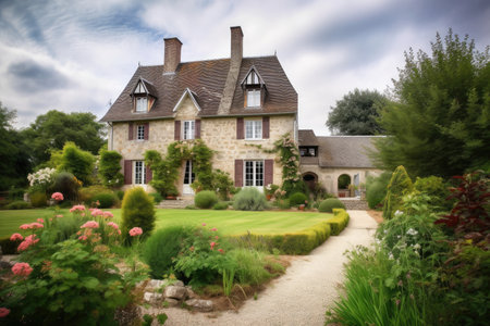classic french country house in the countryside, with garden and stone walkway, created with generative aiの素材