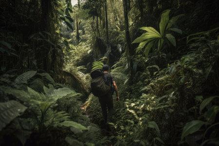 outdoorsman trekking through jungle, surrounded by lush greenery, created with generative aiの素材