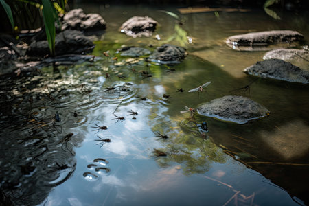 freshwater pond filled with dragonflies and other insects, created with generative aiの素材