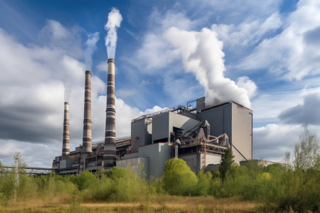 modern biomass power plant, with smoke billowing from its chimneys, created with generative aiの素材