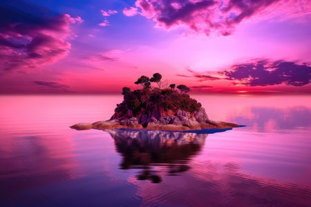 surreal float island in a world of perpetual twilight, with the sky drenched in purple and pink hues, created with generative aiの素材