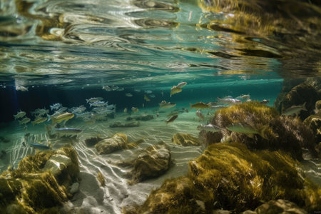 close-up of a freshwater ecosystem, with schools of fish swimming in crystal clear water, created with generative aiの素材