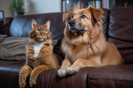 cat and dog, sitting close together on the sofa, watching television, created with generative aiの素材