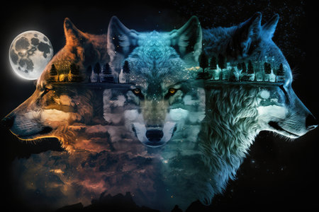 triple exposure of wolf, night sky, and full moon, created with generative aiの素材