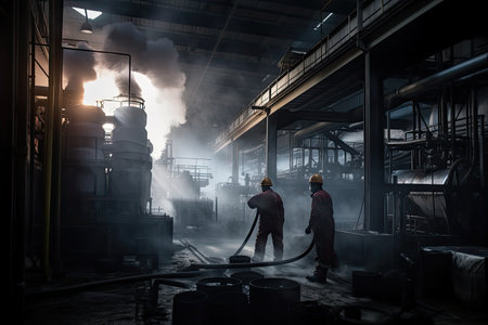 chemical factory, with smoke billowing from the chimneys and workers on the production line, created with generative aiの素材