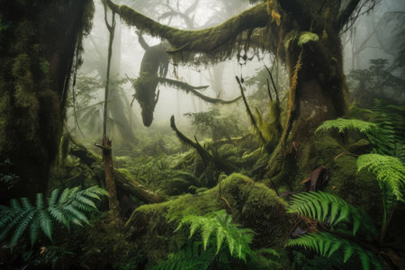 tree with drooping ferns and mosses, surrounded by exotic foggy forest, created with generative aiの素材