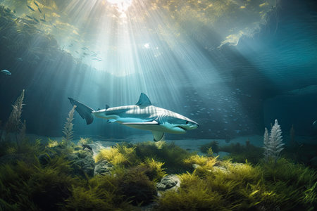 great white shark swimming in the depths of a crystal-clear freshwater lake, surrounded by aquatic plants and fish, created with generative aiの素材