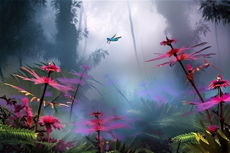 exotic foggy forest with dragonflies and vibrant flowers, created with generative aiの素材