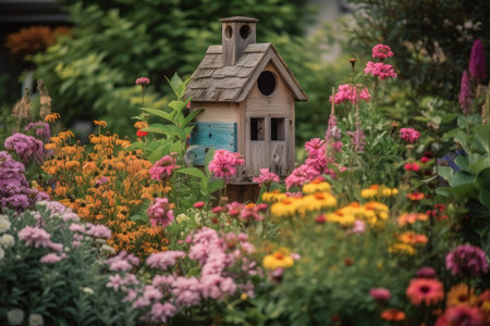 birdhouse surrounded by colorful blooms in a garden, created with generative aiの素材